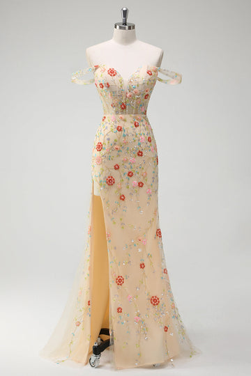 Glitrende champagne havfrue fra skulderen blomstret korset lang gallakjole med slids